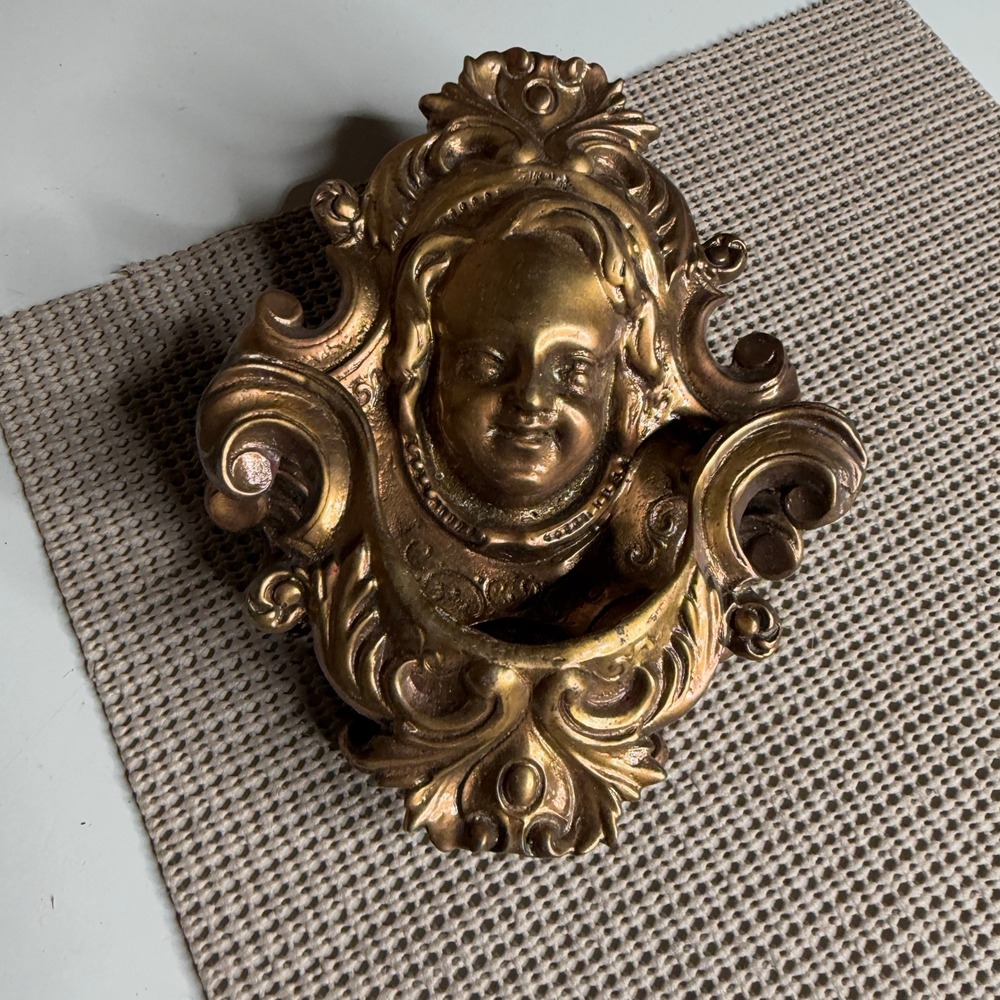 Vintage Ornate Brass Cherub Wall Pocket Planter Rococo Putti Face Decor